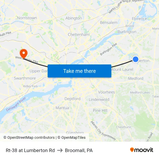 Rt-38 at Lumberton Rd to Broomall, PA map