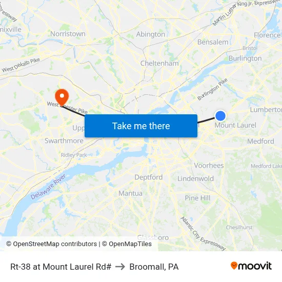 Rt-38 at Mount Laurel Rd# to Broomall, PA map