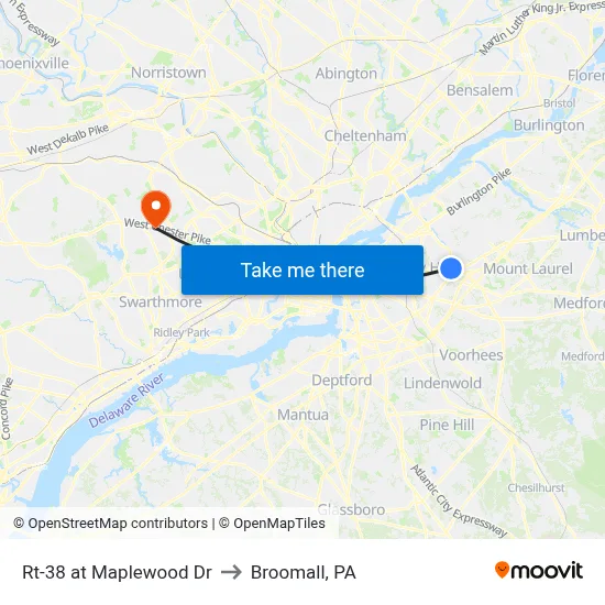 Rt-38 at Maplewood Dr to Broomall, PA map