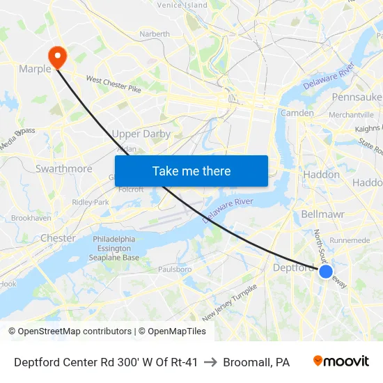 Deptford Center Rd 300' W Of Rt-41 to Broomall, PA map