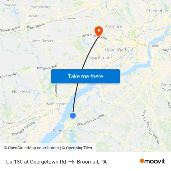 Us-130 at Georgetown Rd to Broomall, PA map