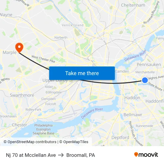 Nj 70 at Mcclellan Ave to Broomall, PA map