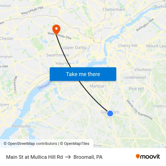 Main St at Mullica Hill Rd to Broomall, PA map
