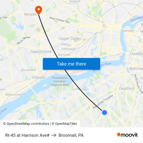 Rt-45 at Harrison Ave# to Broomall, PA map