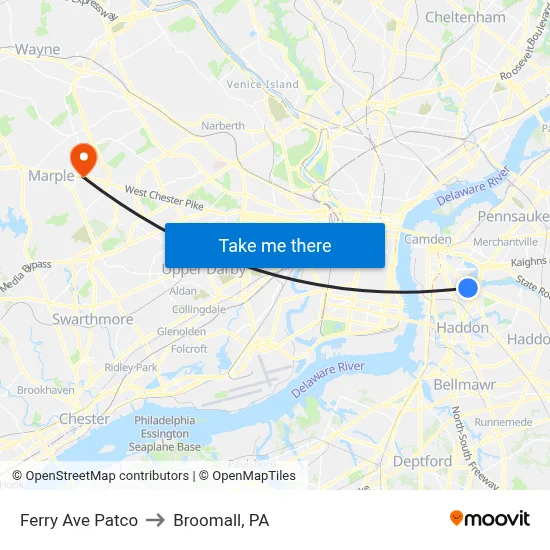 Ferry Ave Patco to Broomall, PA map
