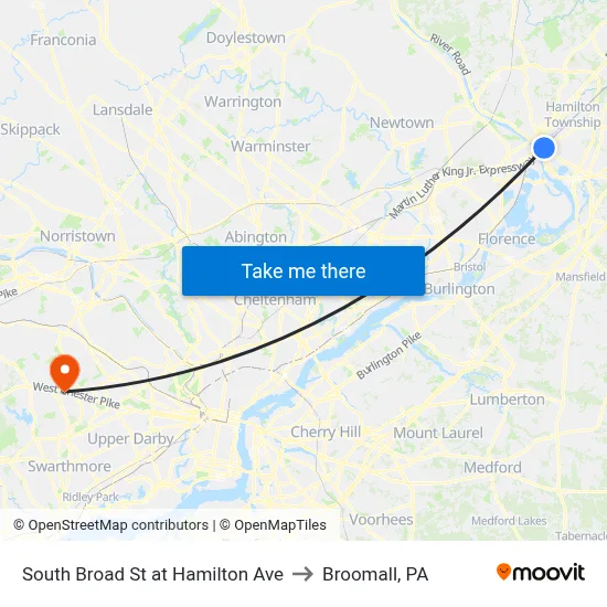 South Broad St at Hamilton Ave to Broomall, PA map