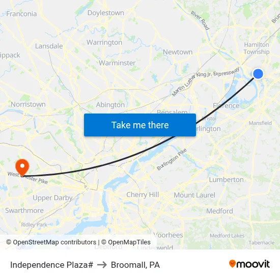 Independence Plaza# to Broomall, PA map