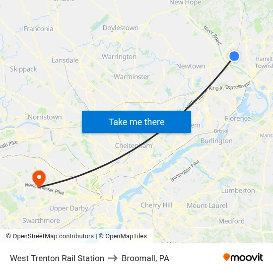 West Trenton Rail Station to Broomall, PA map