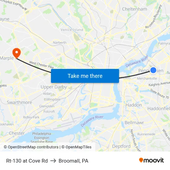 Rt-130 at Cove Rd to Broomall, PA map