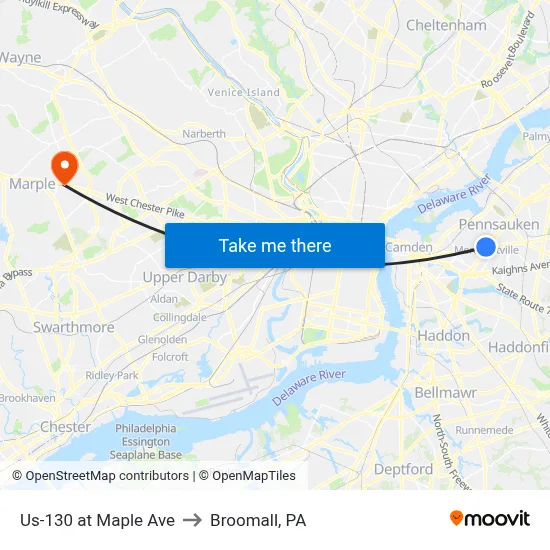 Us-130 at Maple Ave to Broomall, PA map