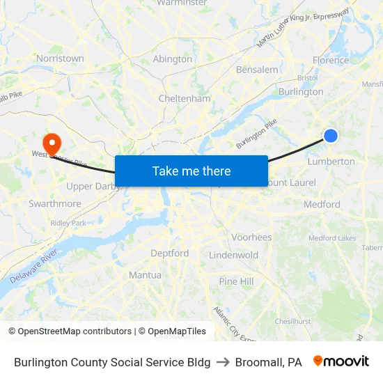 Burlington County Social Service Bldg to Broomall, PA map