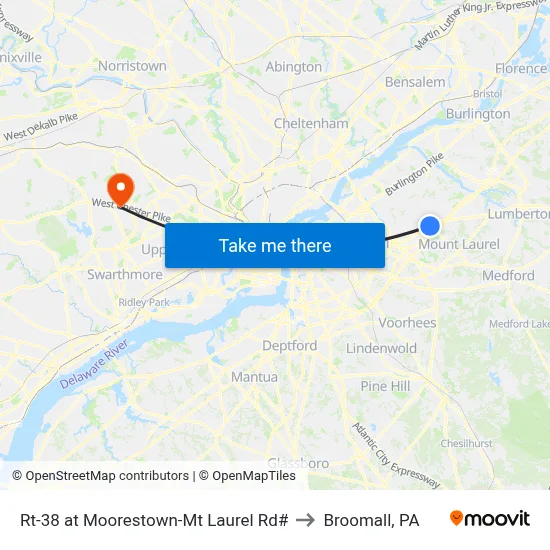Rt-38 at Moorestown-Mt Laurel Rd# to Broomall, PA map