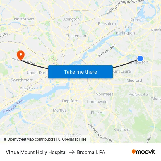 Virtua Mount Holly Hospital to Broomall, PA map