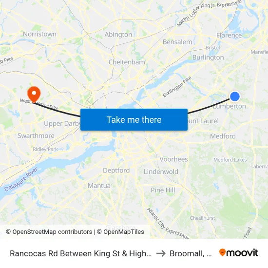 Rancocas Rd Between King St & High St to Broomall, PA map