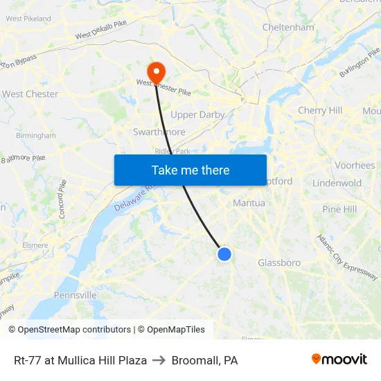 Rt-77 at Mullica Hill Plaza to Broomall, PA map