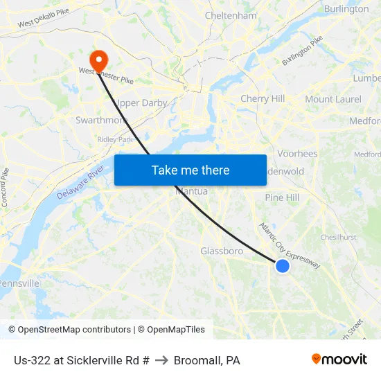 Us-322 at Sicklerville Rd # to Broomall, PA map