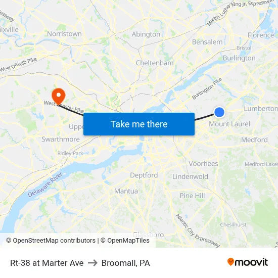 Rt-38 at Marter Ave to Broomall, PA map