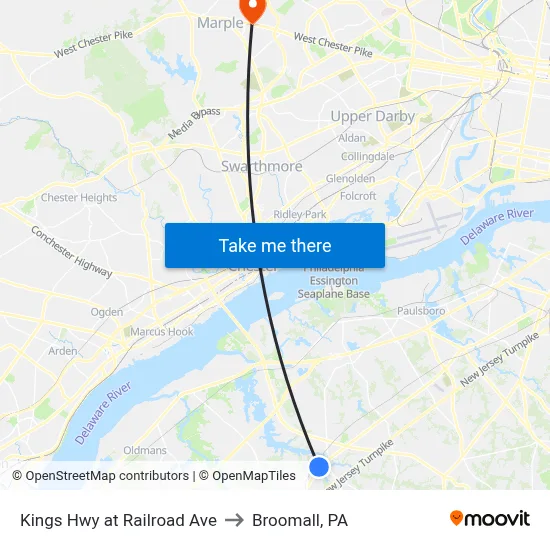 Kings Hwy at Railroad Ave to Broomall, PA map
