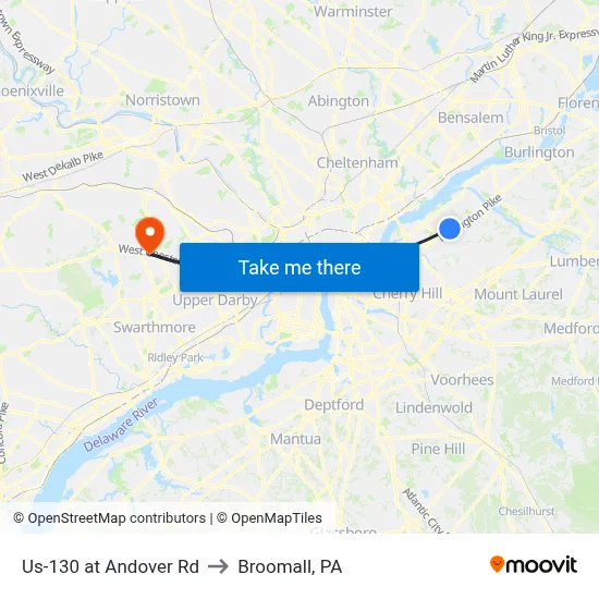 Us-130 at Andover Rd to Broomall, PA map