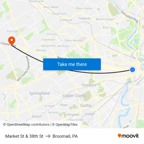 Market St & 38th St to Broomall, PA map