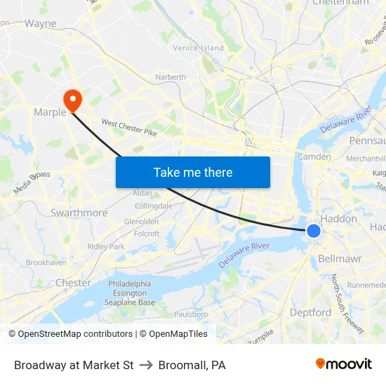Broadway at Market St to Broomall, PA map