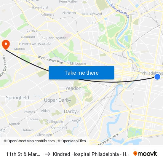 11th St & Market St to Kindred Hospital Philadelphia - Havertown map