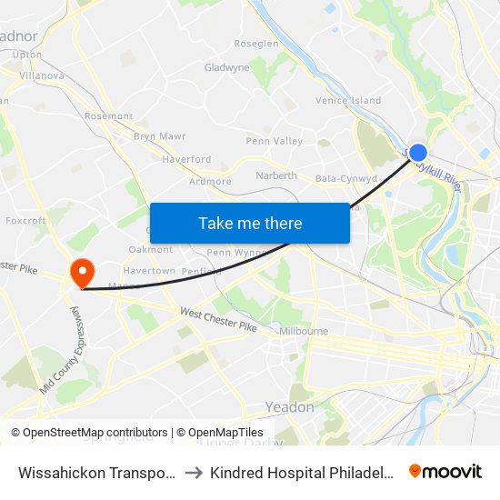 Wissahickon Transportation Center to Kindred Hospital Philadelphia - Havertown map