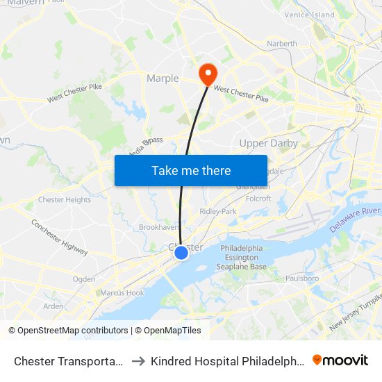 Chester Transportation Center to Kindred Hospital Philadelphia - Havertown map