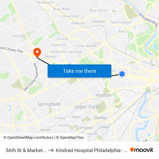 56th St & Market St - Fs to Kindred Hospital Philadelphia - Havertown map