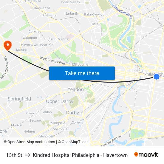 13th St to Kindred Hospital Philadelphia - Havertown map