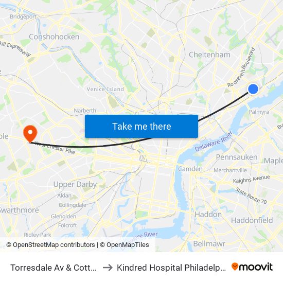 Torresdale Av & Cottman Av Loop to Kindred Hospital Philadelphia - Havertown map