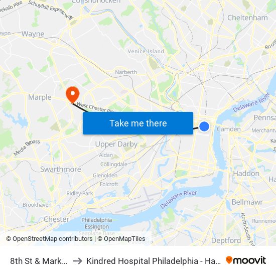 8th St & Market St to Kindred Hospital Philadelphia - Havertown map