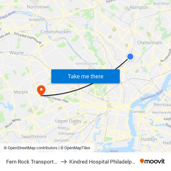 Fern Rock Transportation Center to Kindred Hospital Philadelphia - Havertown map