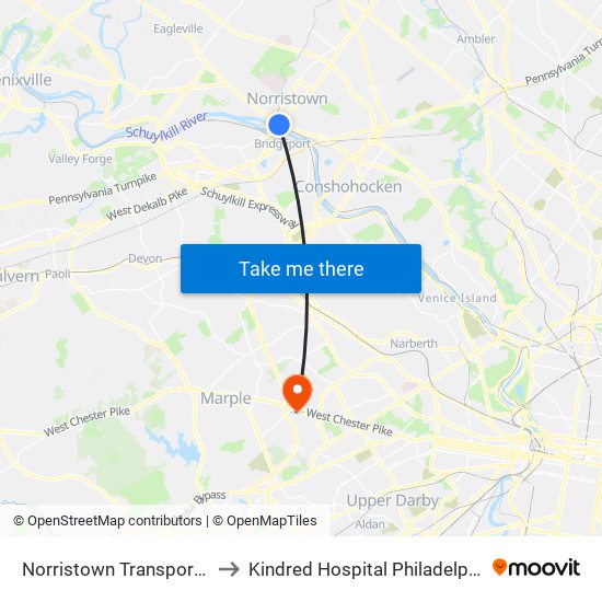 Norristown Transportation Center to Kindred Hospital Philadelphia - Havertown map