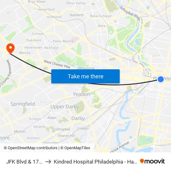 JFK Blvd & 17th St to Kindred Hospital Philadelphia - Havertown map