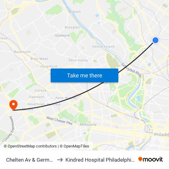 Chelten Av & Germantown Av to Kindred Hospital Philadelphia - Havertown map