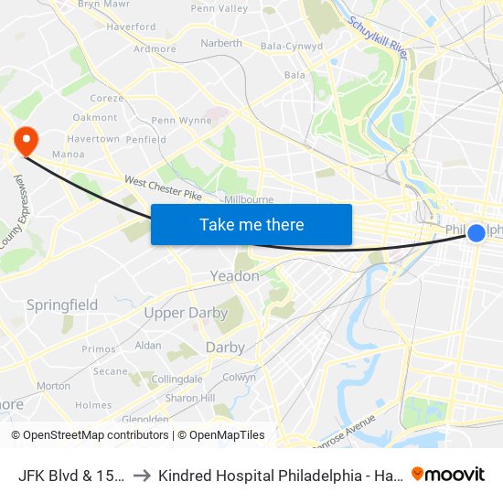 JFK Blvd & 15th St to Kindred Hospital Philadelphia - Havertown map