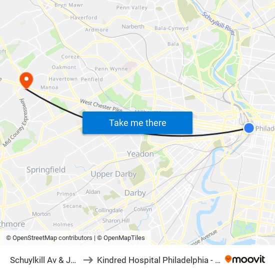 Schuylkill Av & JFK Blvd to Kindred Hospital Philadelphia - Havertown map
