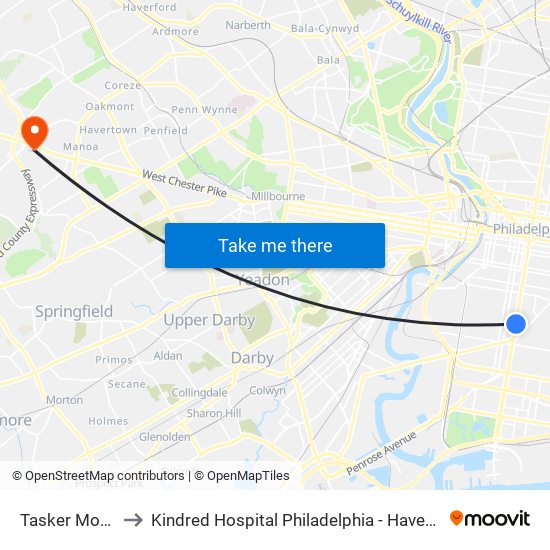 Tasker Morris to Kindred Hospital Philadelphia - Havertown map