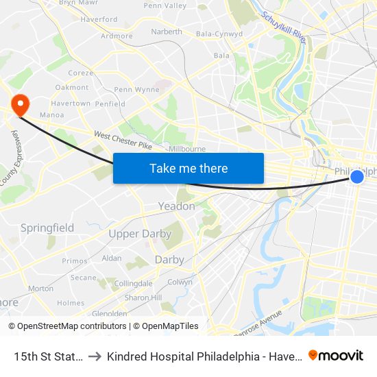 15th St Station to Kindred Hospital Philadelphia - Havertown map