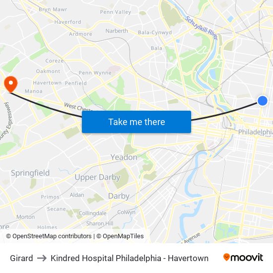 Girard to Kindred Hospital Philadelphia - Havertown map