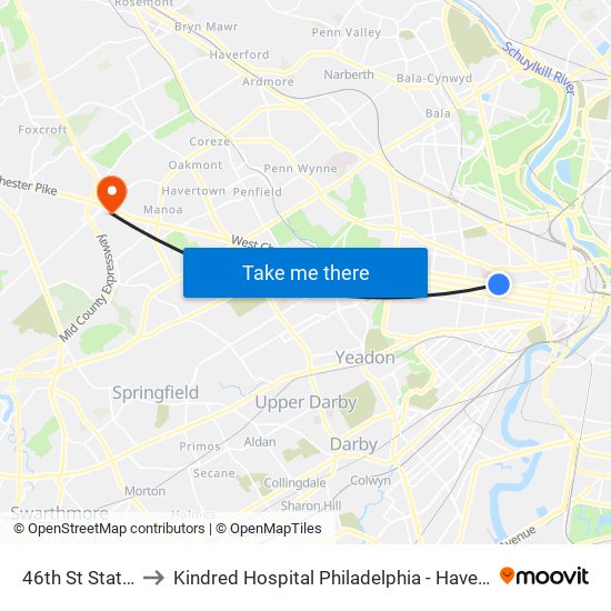 46th St Station to Kindred Hospital Philadelphia - Havertown map