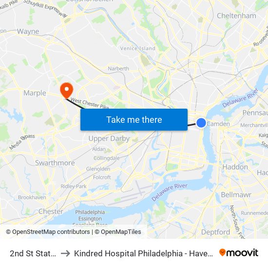 2nd St Station to Kindred Hospital Philadelphia - Havertown map