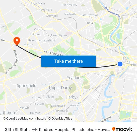 34th St Station to Kindred Hospital Philadelphia - Havertown map