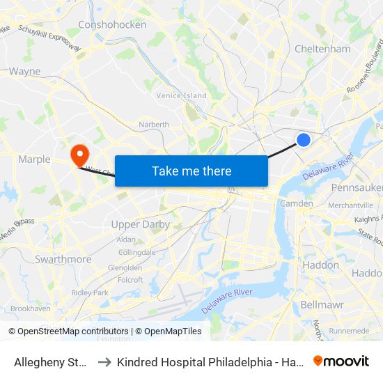 Allegheny Station to Kindred Hospital Philadelphia - Havertown map