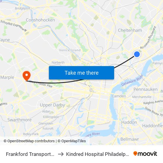 Frankford Transportation Center to Kindred Hospital Philadelphia - Havertown map
