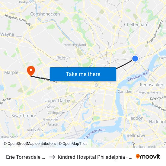 Erie Torresdale Station to Kindred Hospital Philadelphia - Havertown map