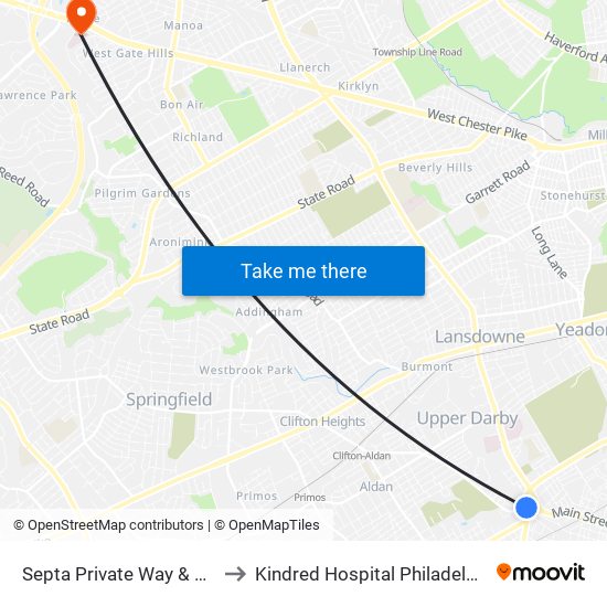 Septa Private Way & Macdade Blvd to Kindred Hospital Philadelphia - Havertown map