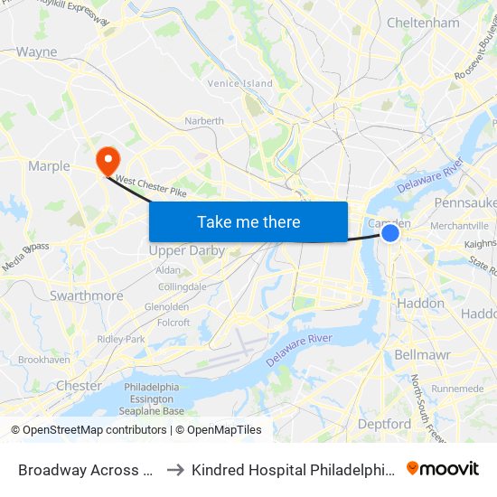 Broadway Across From Wrtc to Kindred Hospital Philadelphia - Havertown map