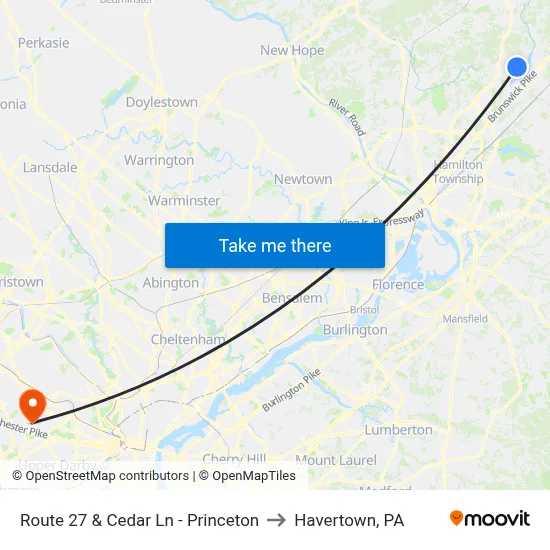 Route 27 & Cedar Ln - Princeton to Havertown, PA map